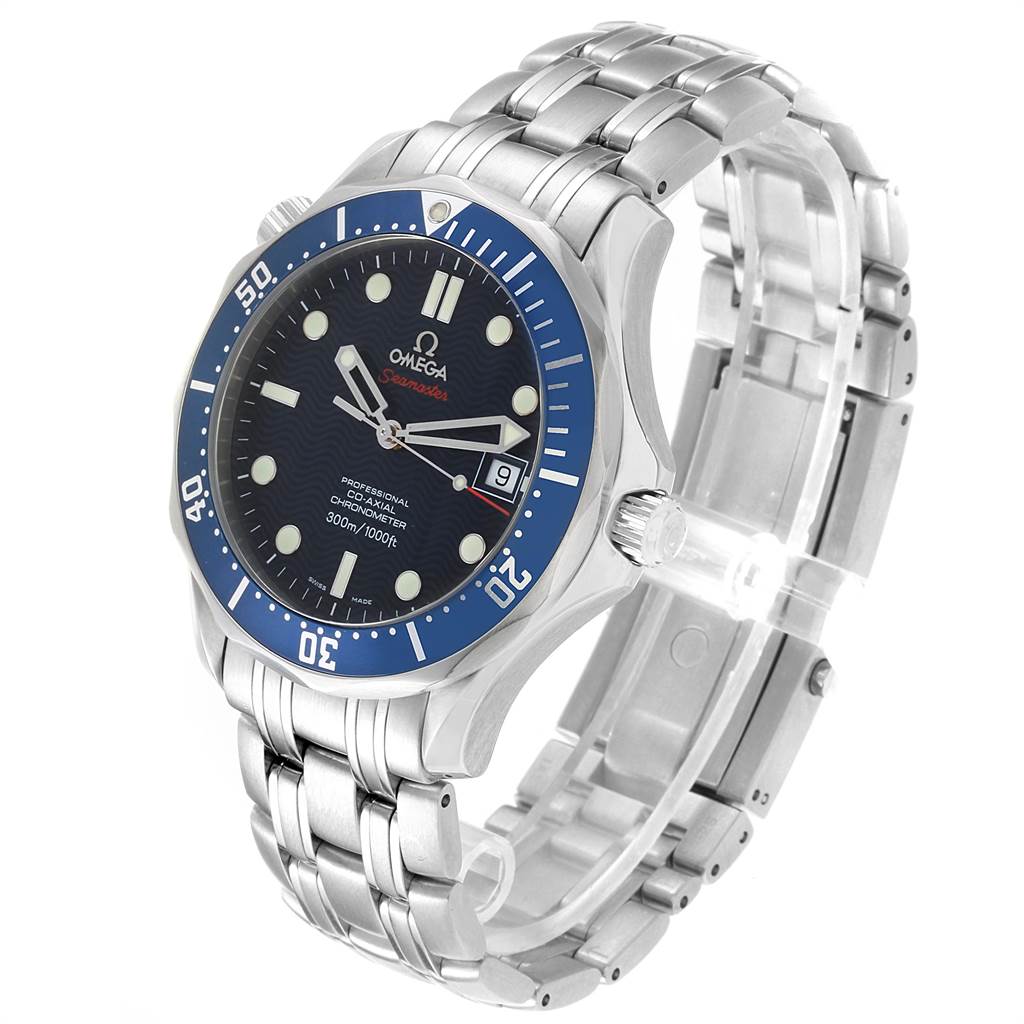 The image shows an Omega Seamaster 2220.80.00 Men
s Stainless Steel Blue Dial 2220.80.00 Men
s Stainless Steel Blue Dial watch at an angled view, highlighting the face, bezel, crown, and metal bracelet.