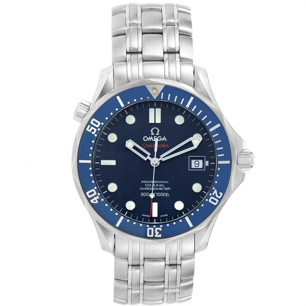 The Omega Seamaster 2220.80.00 Men
s Stainless Steel Blue Dial 2220.80.00 Men
s Stainless Steel Blue Dial watch is shown from a front angle, displaying its dial, bezel, case, and bracelet.