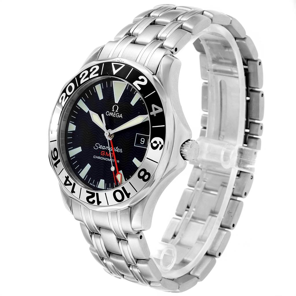 The image shows an Omega Seamaster 2534.50.00 Men
s Stainless Steel Black Dial 2534.50.00 Men
s Stainless Steel Black Dial watch at a three-quarter angle, showcasing the face, bezel, and bracelet.