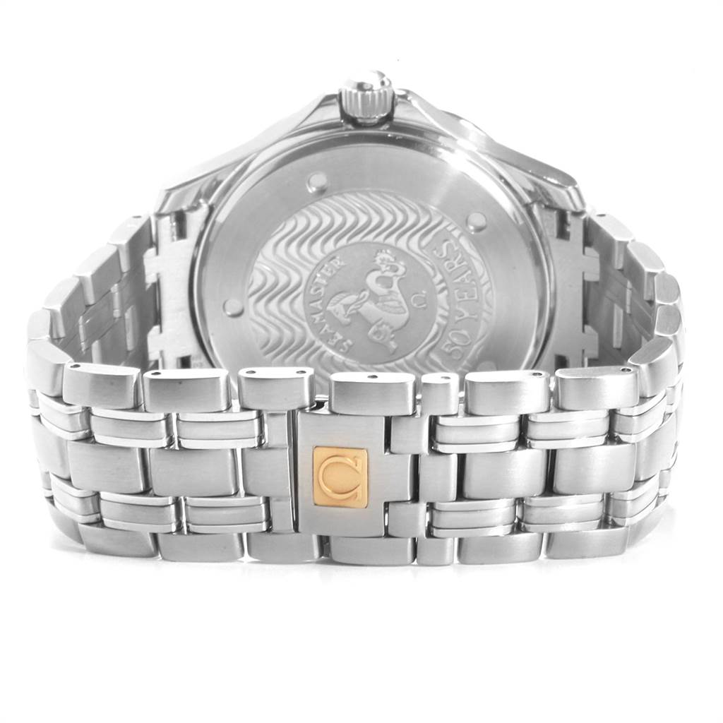 This Omega Seamaster 2534.50.00 Men
s Stainless Steel Black Dial 2534.50.00 Men
s Stainless Steel Black Dial watch is shown from the back, highlighting its engraved case back and metal bracelet.