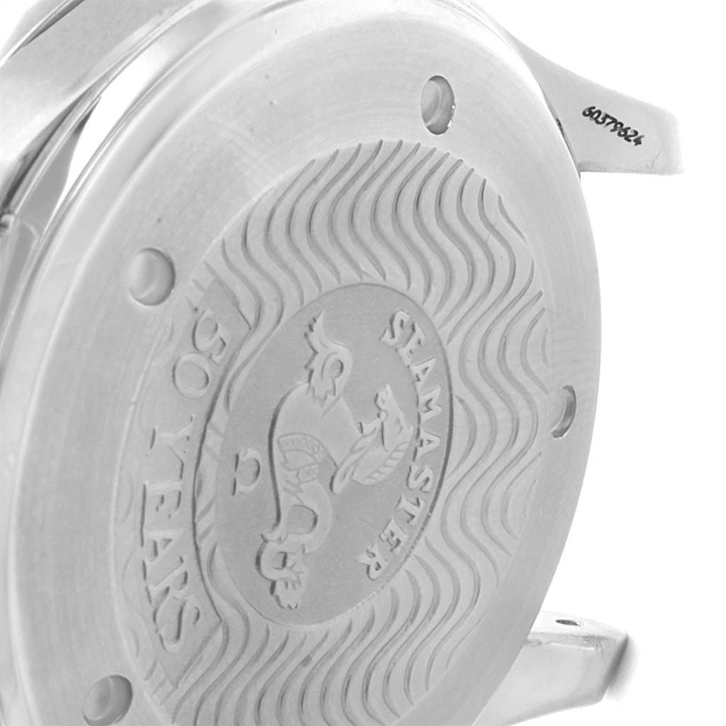 This image shows the case back of an Omega Seamaster 2534.50.00 Men
s Stainless Steel Black Dial 2534.50.00 Men
s Stainless Steel Black Dial watch, including the embossed logo and text.