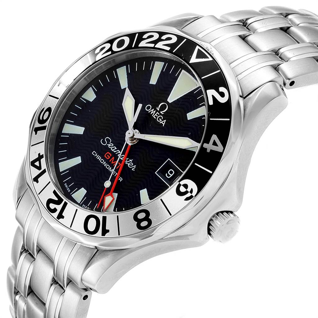The Omega Seamaster 2534.50.00 Men
s Stainless Steel Black Dial 2534.50.00 Men
s Stainless Steel Black Dial watch is shown at an angle displaying the face, bezel, crown, and part of the bracelet.
