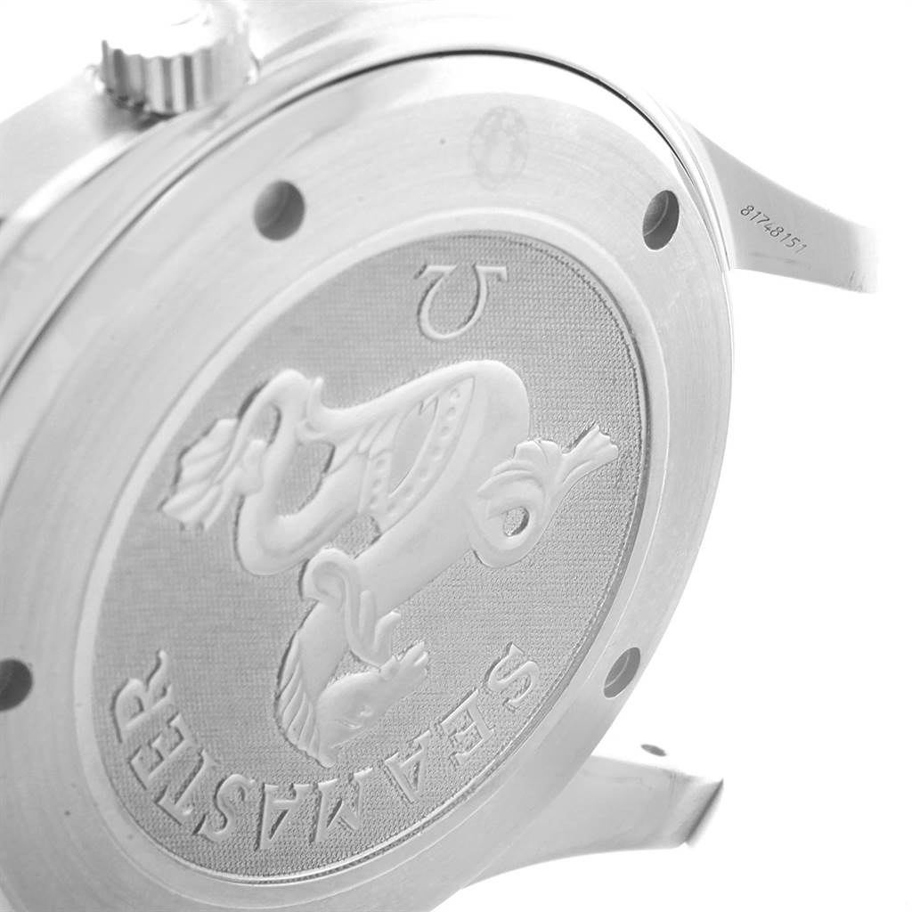 This image shows the back case of an Omega Seamaster 2220.80.00 Men
s Stainless Steel Blue Dial 2220.80.00 Men
s Stainless Steel Blue Dial watch at an angle, highlighting its engraved emblem and smooth finish.