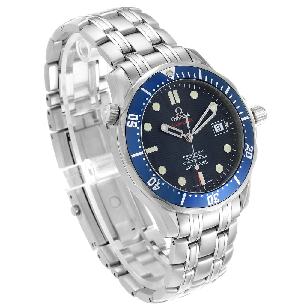 The image shows a side and front angle of an Omega Seamaster 2220.80.00 Men
s Stainless Steel Blue Dial 2220.80.00 Men
s Stainless Steel Blue Dial watch, highlighting its bracelet and blue dial.