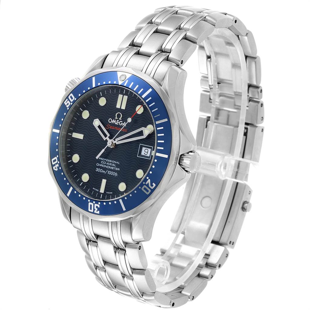 The Omega Seamaster 2220.80.00 Men
s Stainless Steel Blue Dial 2220.80.00 Men
s Stainless Steel Blue Dial watch is shown at a slight angle, highlighting its face, bezel, crown, and metal bracelet.