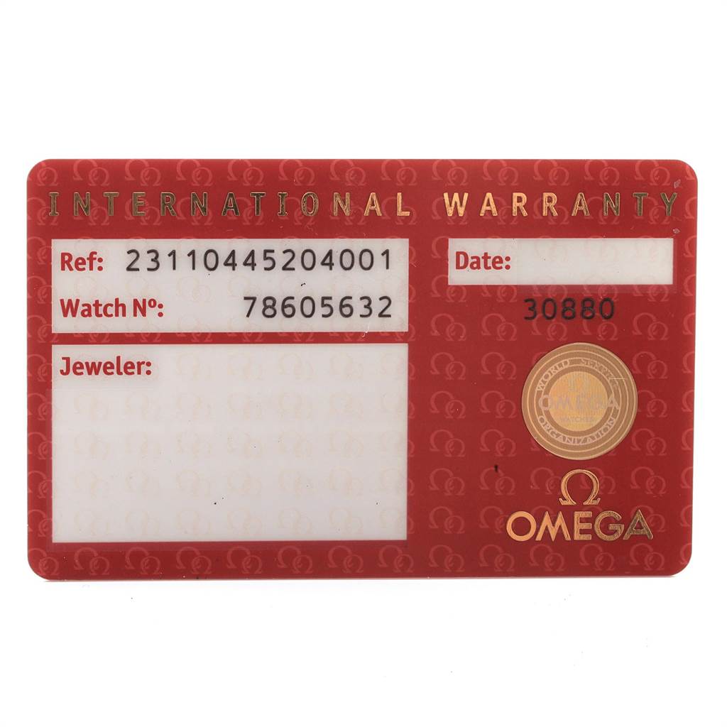 This image shows the warranty card for the Omega Seamaster 231.10.44.52.04.001 Men
s Stainless Steel White Dial 231.10.44.52.04.001 Men
s Stainless Steel White Dial watch.