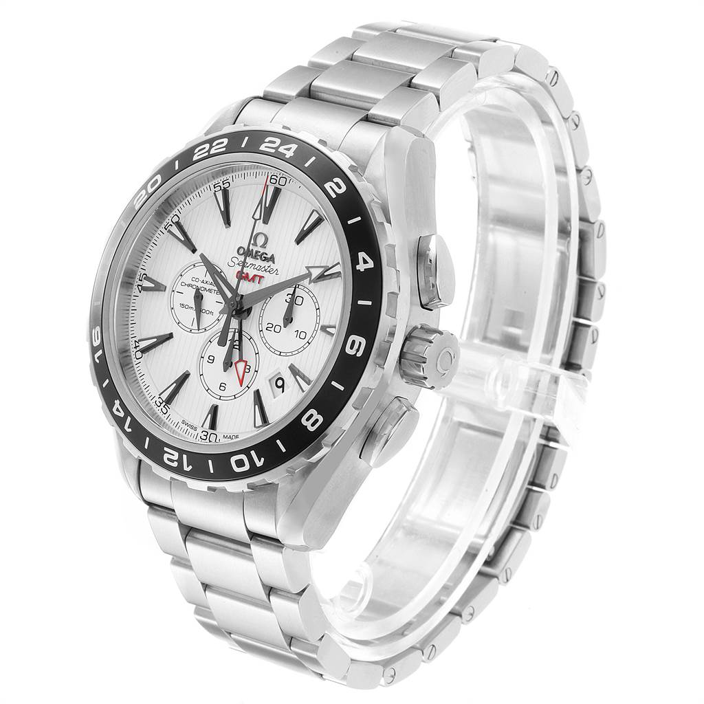 The Omega Seamaster 231.10.44.52.04.001 Men
s Stainless Steel White Dial 231.10.44.52.04.001 Men
s Stainless Steel White Dial watch is shown from a three-quarter angle, highlighting its face, bezel, and bracelet.