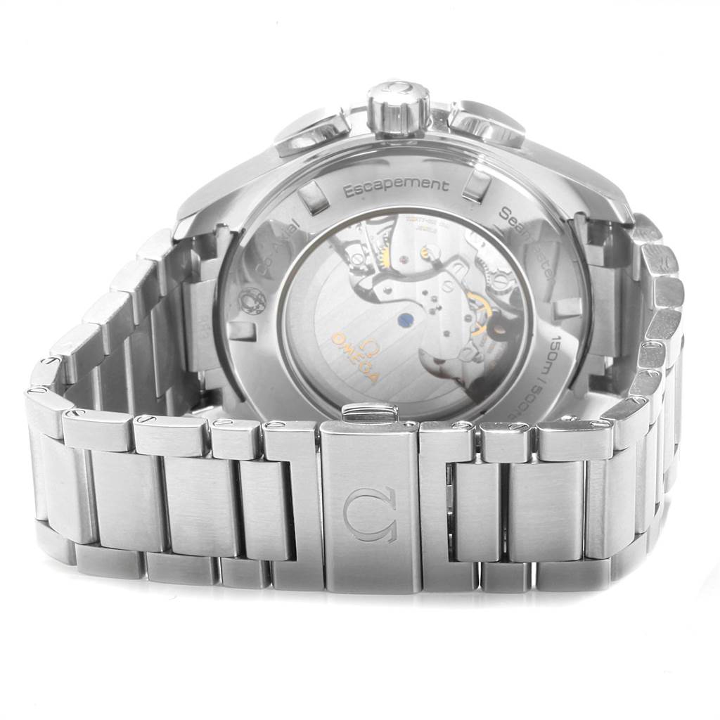 The image shows the back view of the Omega Seamaster 231.10.44.52.04.001 Men
s Stainless Steel White Dial 231.10.44.52.04.001 Men
s Stainless Steel White Dial watch, highlighting its stainless steel bracelet and transparent case back.