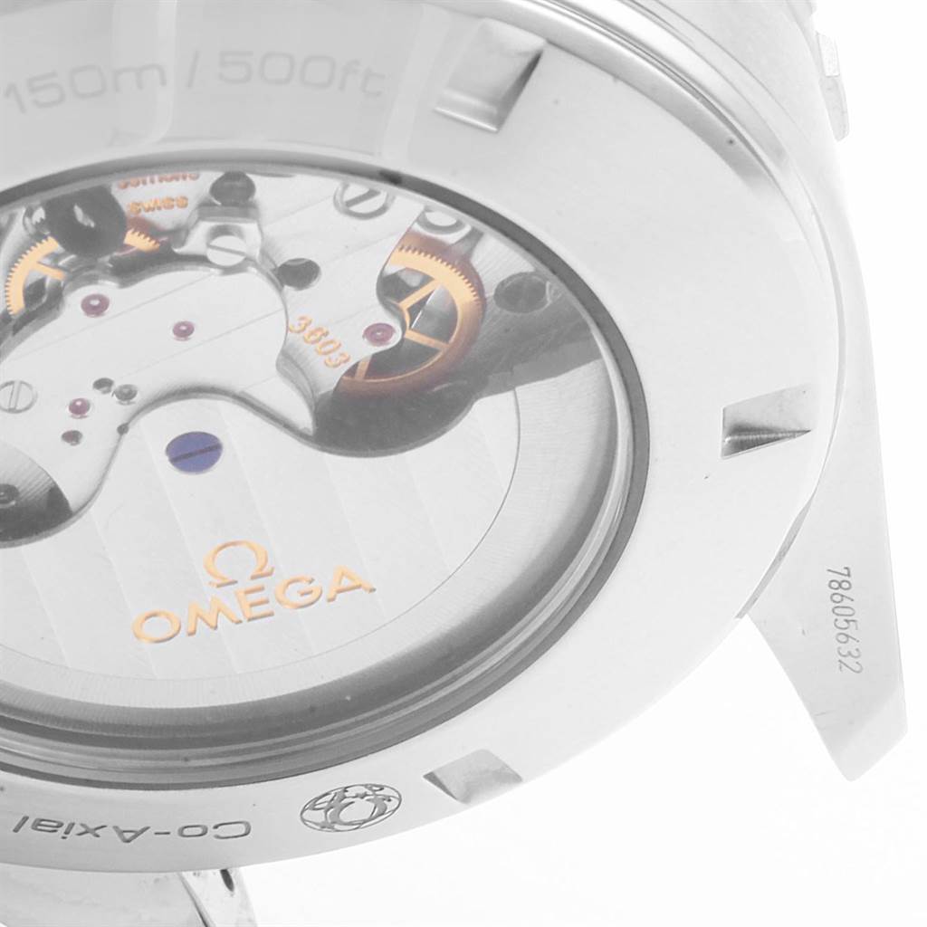 The image shows the back view of the Omega Seamaster 231.10.44.52.04.001 Men
s Stainless Steel White Dial 231.10.44.52.04.001 Men
s Stainless Steel White Dial watch, highlighting its Co-Axial movement through a transparent case back.