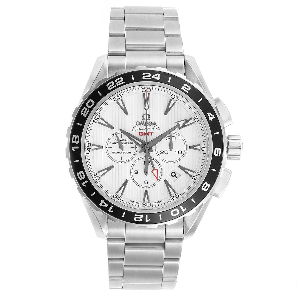 The Omega Seamaster 231.10.44.52.04.001 Men
s Stainless Steel White Dial 231.10.44.52.04.001 Men
s Stainless Steel White Dial watch is shown from a front angle, highlighting its face, bezel, crown, and metal bracelet.