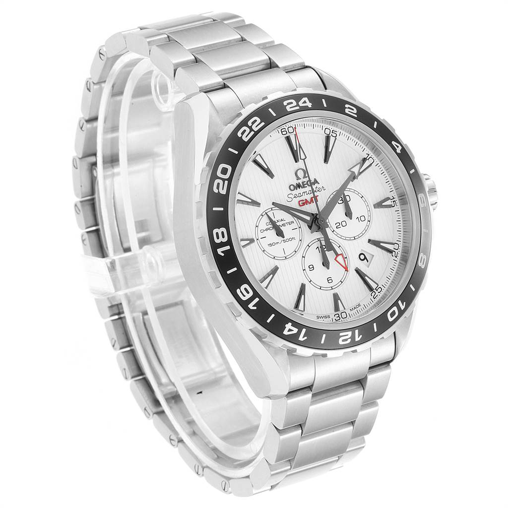 The image shows a side-front angle of an Omega Seamaster 231.10.44.52.04.001 Men
s Stainless Steel White Dial 231.10.44.52.04.001 Men
s Stainless Steel White Dial watch, highlighting its bezel, dial, and bracelet.