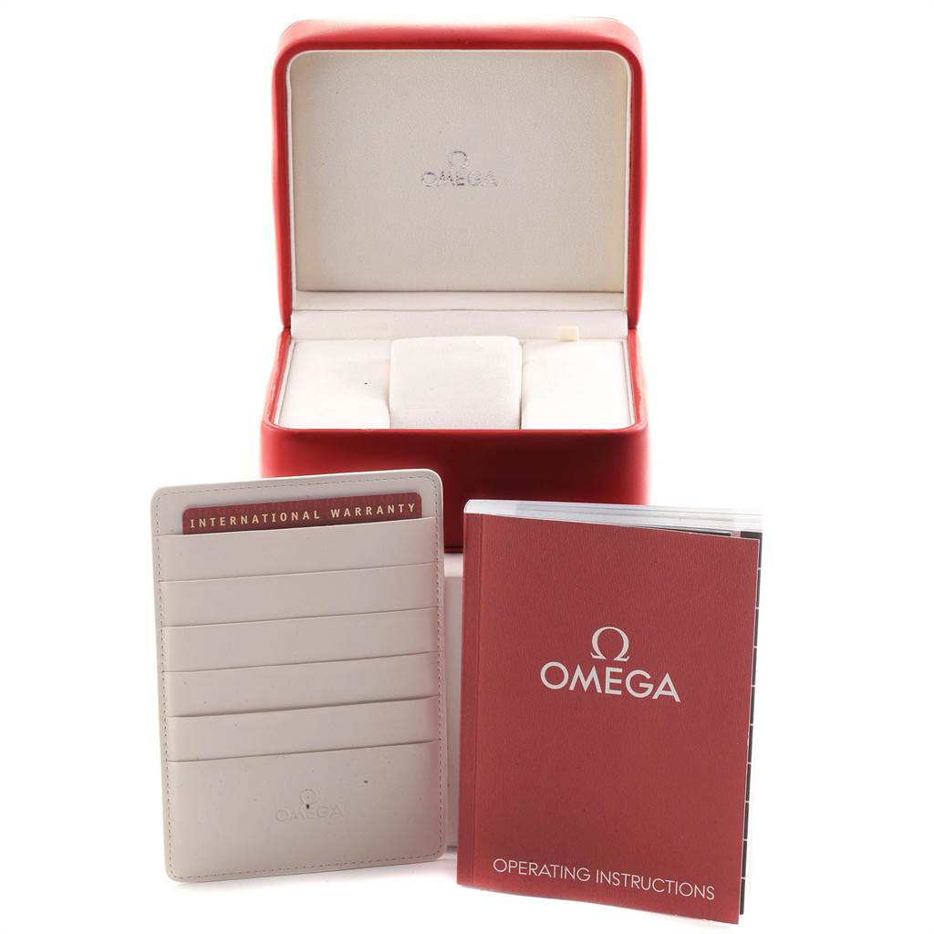The image shows an Omega Seamaster 231.10.44.52.04.001 Men
s Stainless Steel White Dial 231.10.44.52.04.001 Men
s Stainless Steel White Dial watch box, international warranty cardholder, and operating instructions manual from the front.