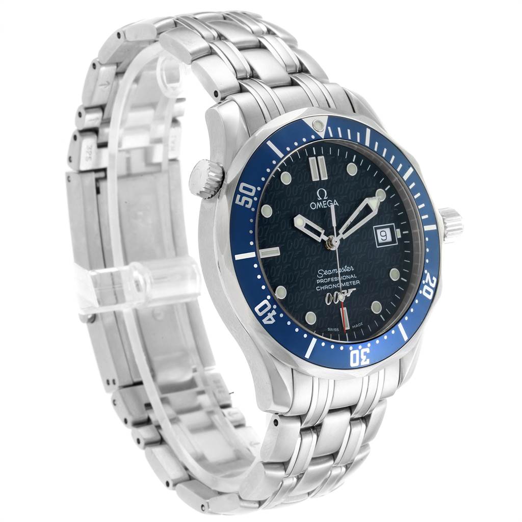 This image shows an Omega Seamaster 2537.80.00 Men's Stainless Steel Blue Dial 2537.80.00 Men's Stainless Steel Blue Dial watch at a three-quarter angle, highlighting the stainless steel bracelet, bezel, and dial.
