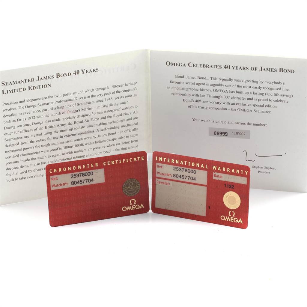 This image shows the Omega Seamaster 2537.80.00 Men's Stainless Steel Blue Dial 2537.80.00 Men's Stainless Steel Blue Dial watch's Chronometer Certificate, International Warranty card, and a booklet.