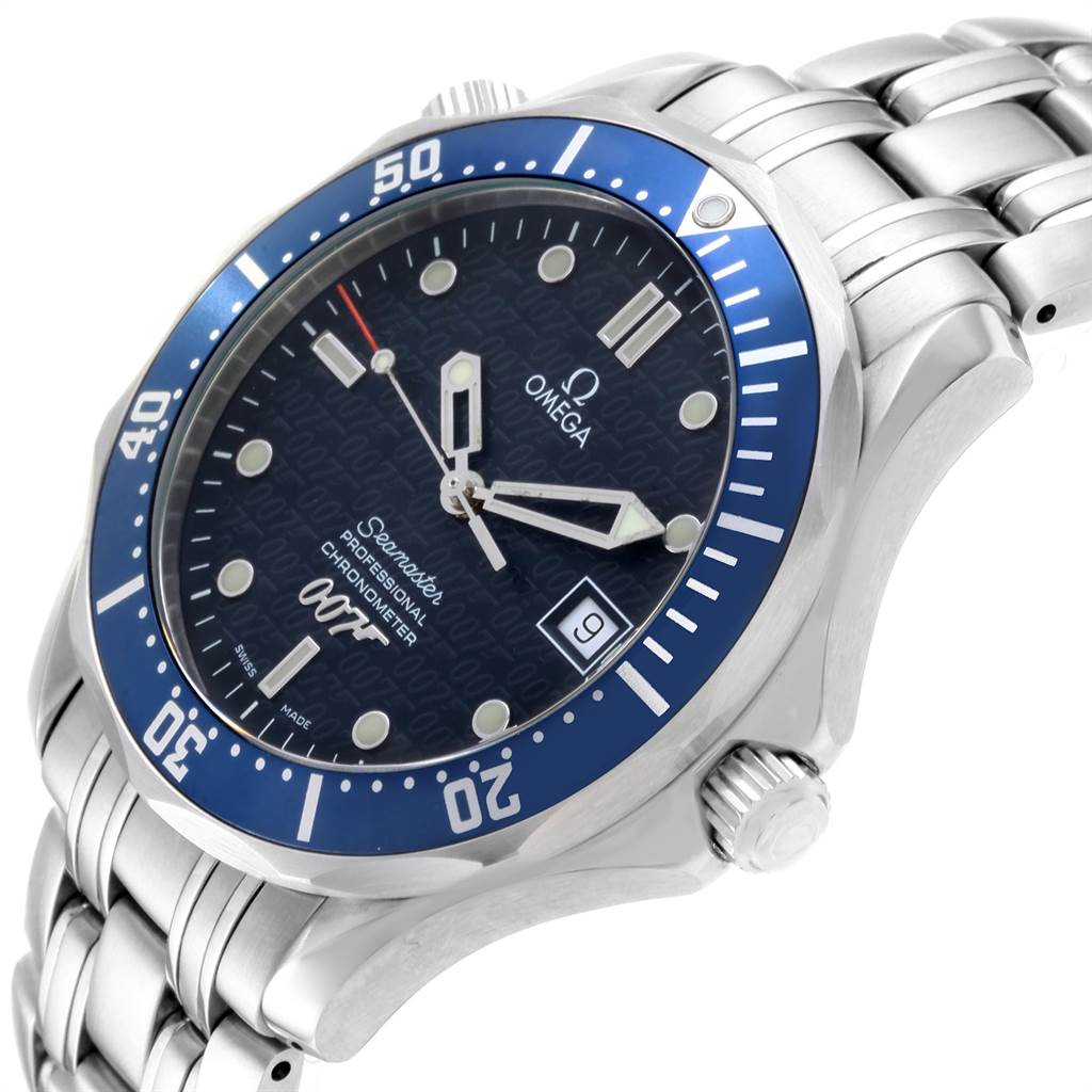 This image shows an angled view of the Omega Seamaster 2537.80.00 Men's Stainless Steel Blue Dial 2537.80.00 Men's Stainless Steel Blue Dial watch, displaying its blue dial, date feature, and stainless steel bracelet.