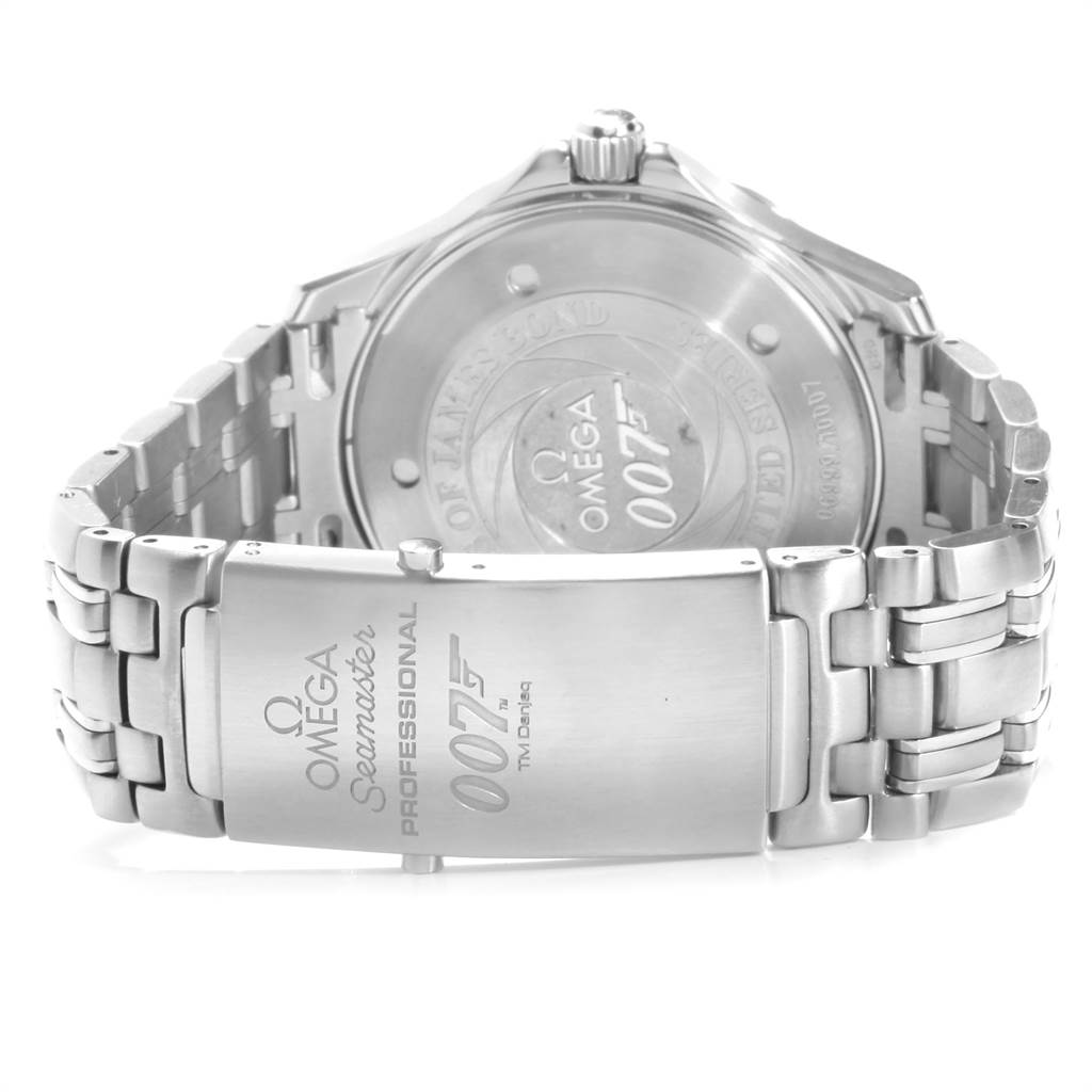 The image shows the back and clasp of an Omega Seamaster 2537.80.00 Men's Stainless Steel Blue Dial 2537.80.00 Men's Stainless Steel Blue Dial watch, showcasing its 007 branding and metal bracelet.