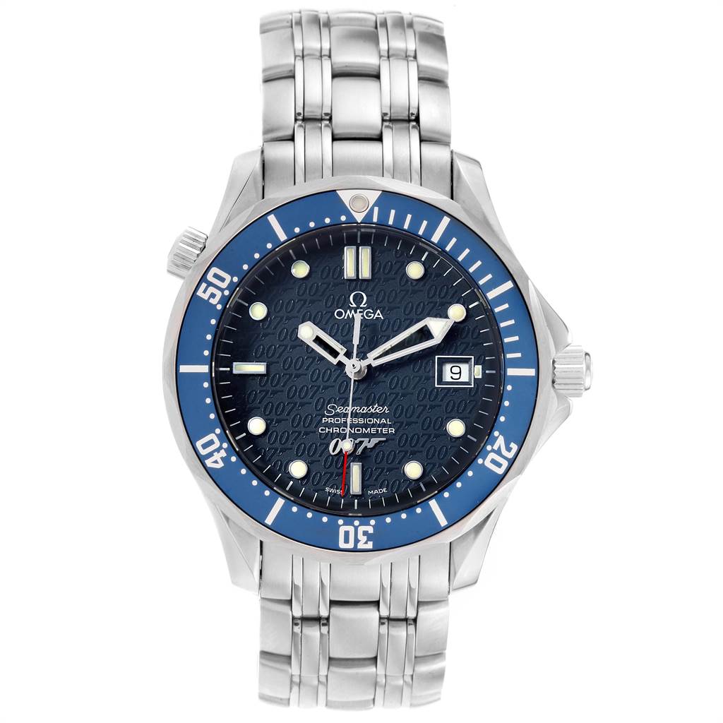 The image shows a front view of an Omega Seamaster 2537.80.00 Men's Stainless Steel Blue Dial 2537.80.00 Men's Stainless Steel Blue Dial watch, highlighting its blue dial, date window, and stainless steel bracelet.
