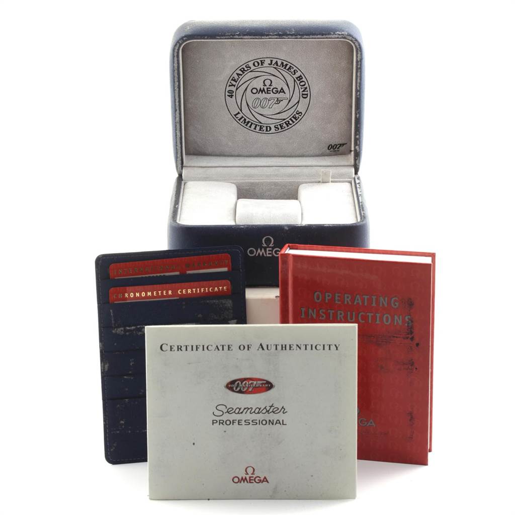 The image shows the packaging, certificates, and instruction manuals for the Omega Seamaster 2537.80.00 Men's Stainless Steel Blue Dial 2537.80.00 Men's Stainless Steel Blue Dial watch, including a limited series box.