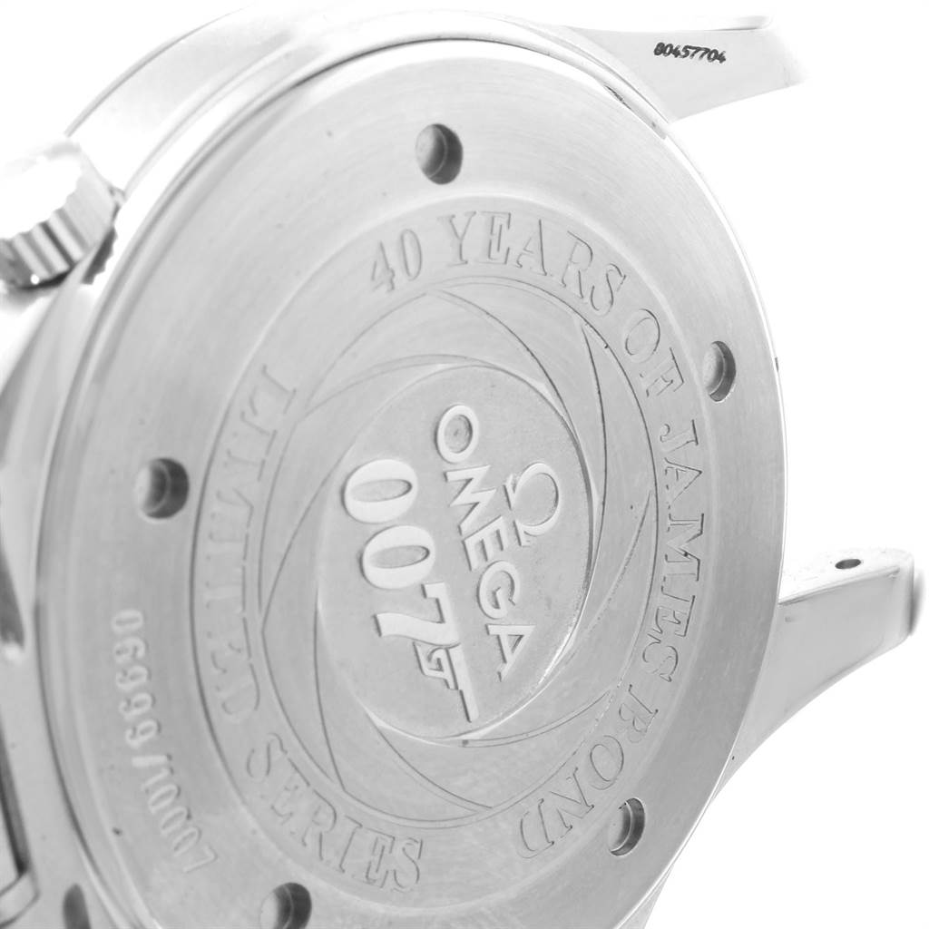 The image shows the back case of an Omega Seamaster 2537.80.00 Men's Stainless Steel Blue Dial 2537.80.00 Men's Stainless Steel Blue Dial watch, featuring engravings for a 40th anniversary James Bond limited series.