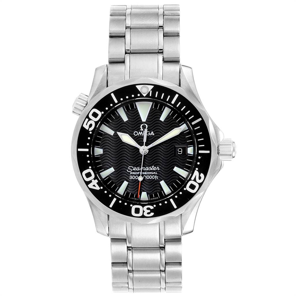 The image shows a front view of an Omega Seamaster 2252.50.00 Men's Stainless Steel Black Dial 2252.50.00 Men's Stainless Steel Black Dial watch, highlighting its face, bezel, and bracelet.