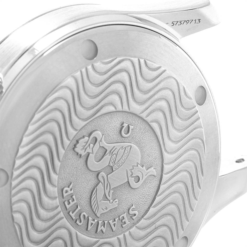 The image shows the back case of an Omega Seamaster 2252.50.00 Men's Stainless Steel Black Dial 2252.50.00 Men's Stainless Steel Black Dial watch, featuring a wavy pattern and the engraved Seamaster logo.