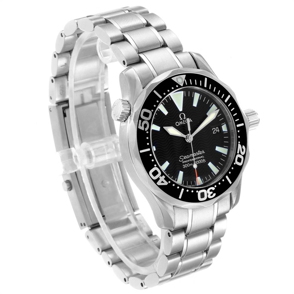 The Omega Seamaster 2252.50.00 Men's Stainless Steel Black Dial 2252.50.00 Men's Stainless Steel Black Dial watch is shown at a three-quarter angle, displaying its face, bezel, crown, and stainless steel bracelet.