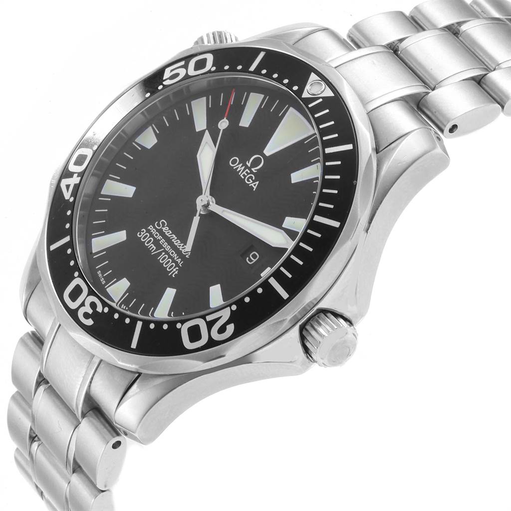 The image shows an Omega Seamaster 2264.50.00 Men
s Stainless Steel Black Dial 2264.50.00 Men
s Stainless Steel Black Dial watch at an angle highlighting the face, bezel, and stainless steel bracelet.