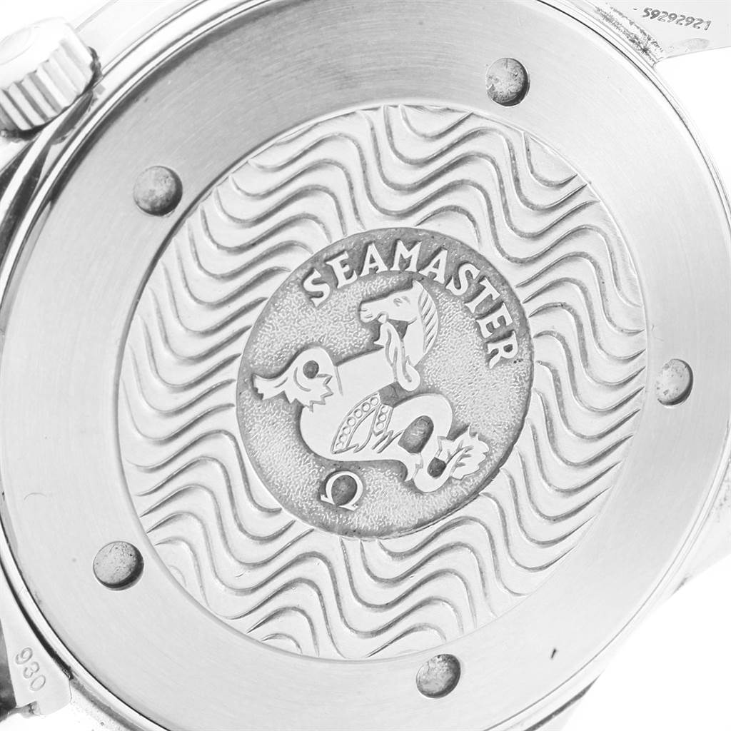 This image shows the case back of an Omega Seamaster 2264.50.00 Men
s Stainless Steel Black Dial 2264.50.00 Men
s Stainless Steel Black Dial watch, featuring engraved markings and wave patterns.