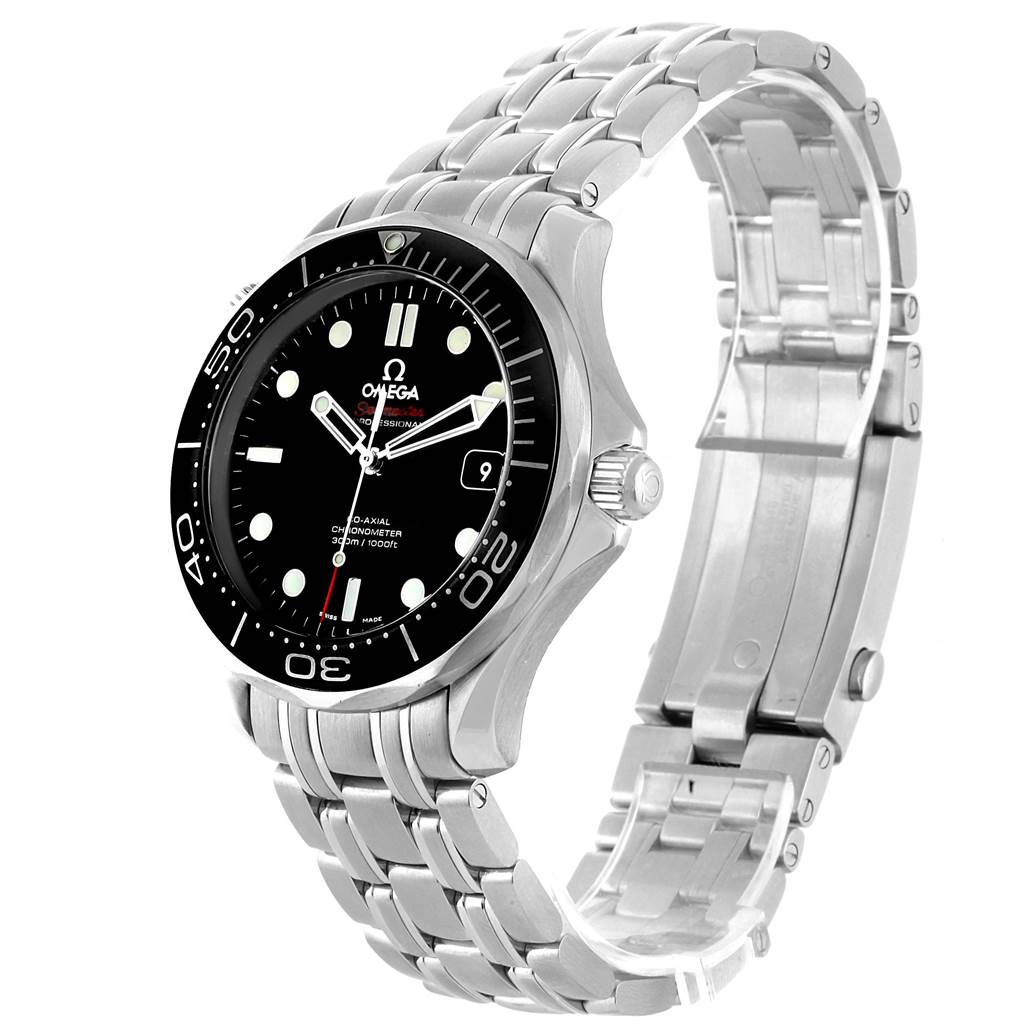 The image displays an Omega Seamaster 212.30.41.20.01.003 Men
s Stainless Steel Black Dial 212.30.41.20.01.003 Men
s Stainless Steel Black Dial watch from a front angle, highlighting its face, bezel, and stainless steel bracelet.