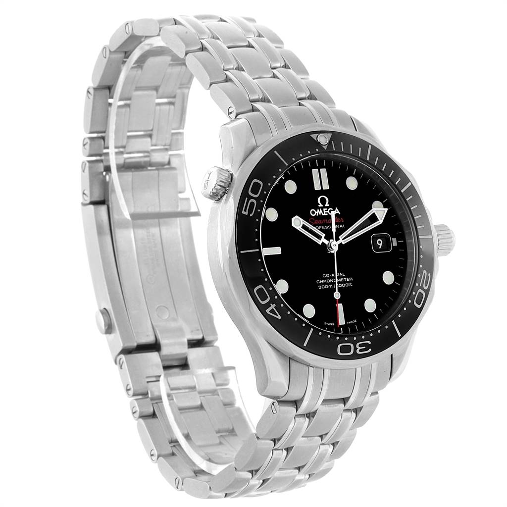 The image shows an Omega Seamaster 212.30.41.20.01.003 Men
s Stainless Steel Black Dial 212.30.41.20.01.003 Men
s Stainless Steel Black Dial watch angled to display its face, bezel, crown, and partially open stainless steel bracelet.