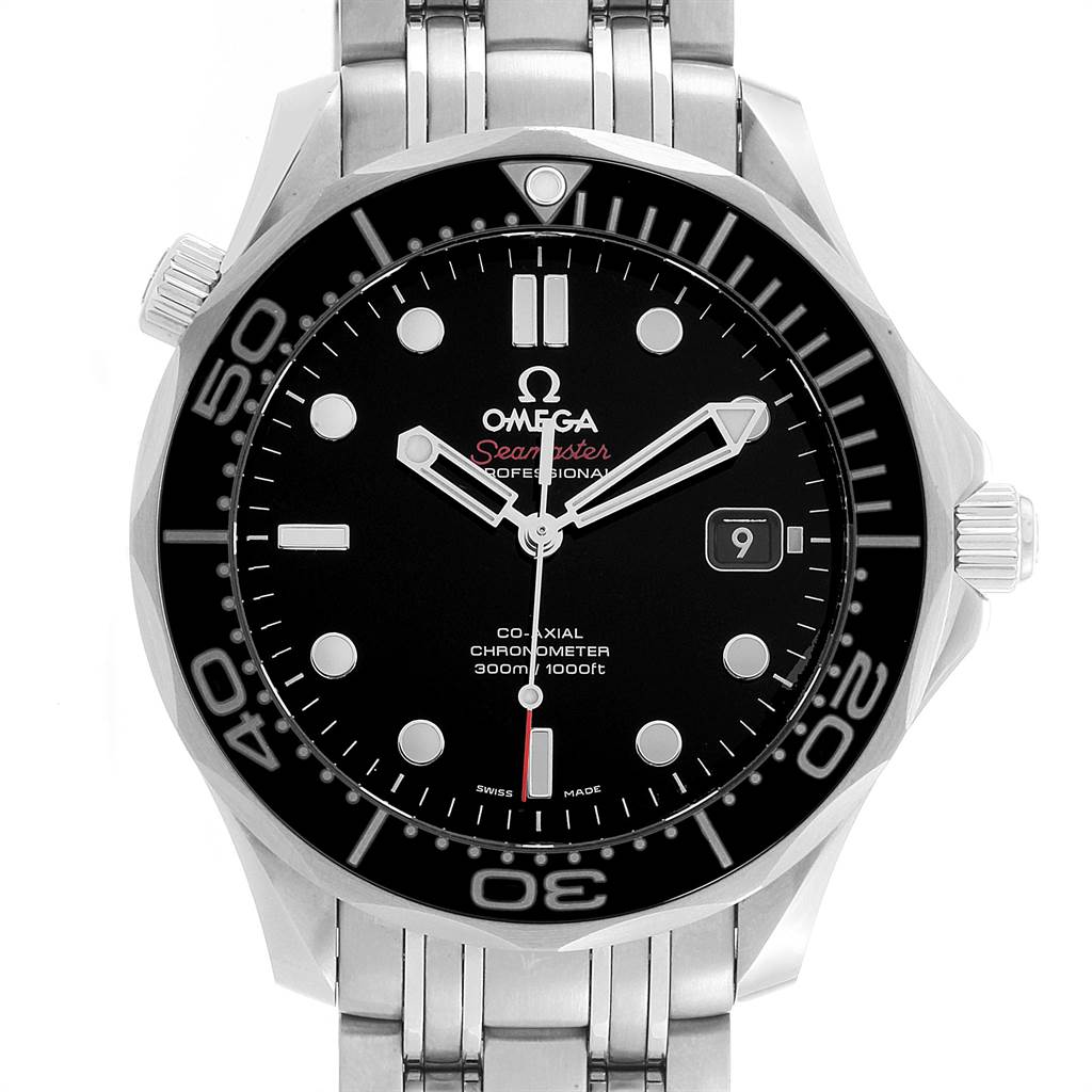 The image shows a frontal view of an Omega Seamaster 212.30.41.20.01.003 Men
s Stainless Steel Black Dial 212.30.41.20.01.003 Men
s Stainless Steel Black Dial watch, displaying the face, bezel, and part of the stainless steel bracelet.