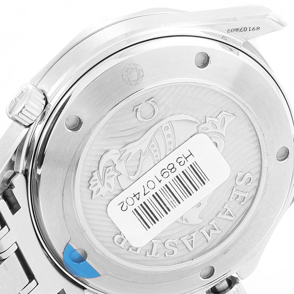 The image shows the back case and crown of an Omega Seamaster 212.30.41.20.01.003 Men
s Stainless Steel Black Dial 212.30.41.20.01.003 Men
s Stainless Steel Black Dial watch, viewed from an angled rear perspective.