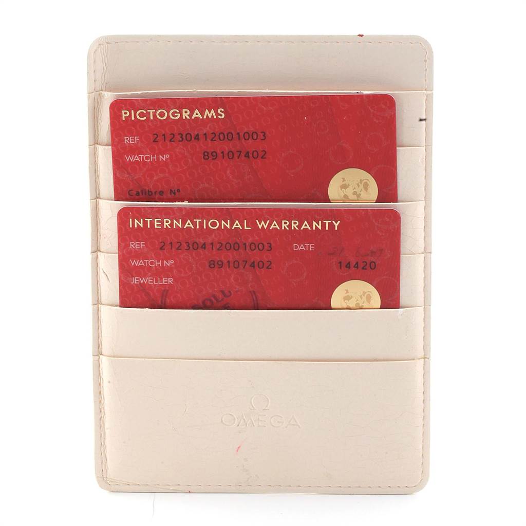 The image shows the pictograms and international warranty cards for an Omega Seamaster 212.30.41.20.01.003 Men
s Stainless Steel Black Dial 212.30.41.20.01.003 Men
s Stainless Steel Black Dial watch in a card holder.