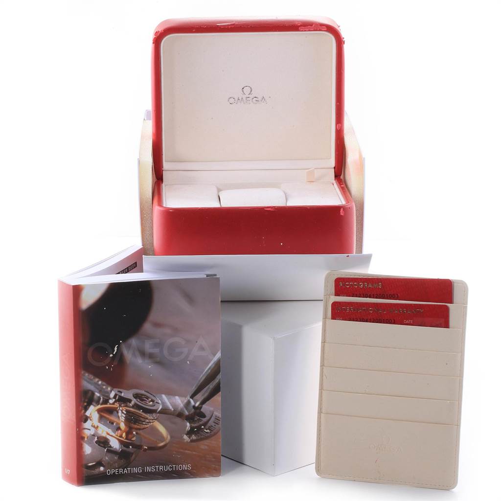 The image displays the packaging box, operating instructions, and warranty cards for the Omega Seamaster 212.30.41.20.01.003 Men
s Stainless Steel Black Dial 212.30.41.20.01.003 Men
s Stainless Steel Black Dial watch.