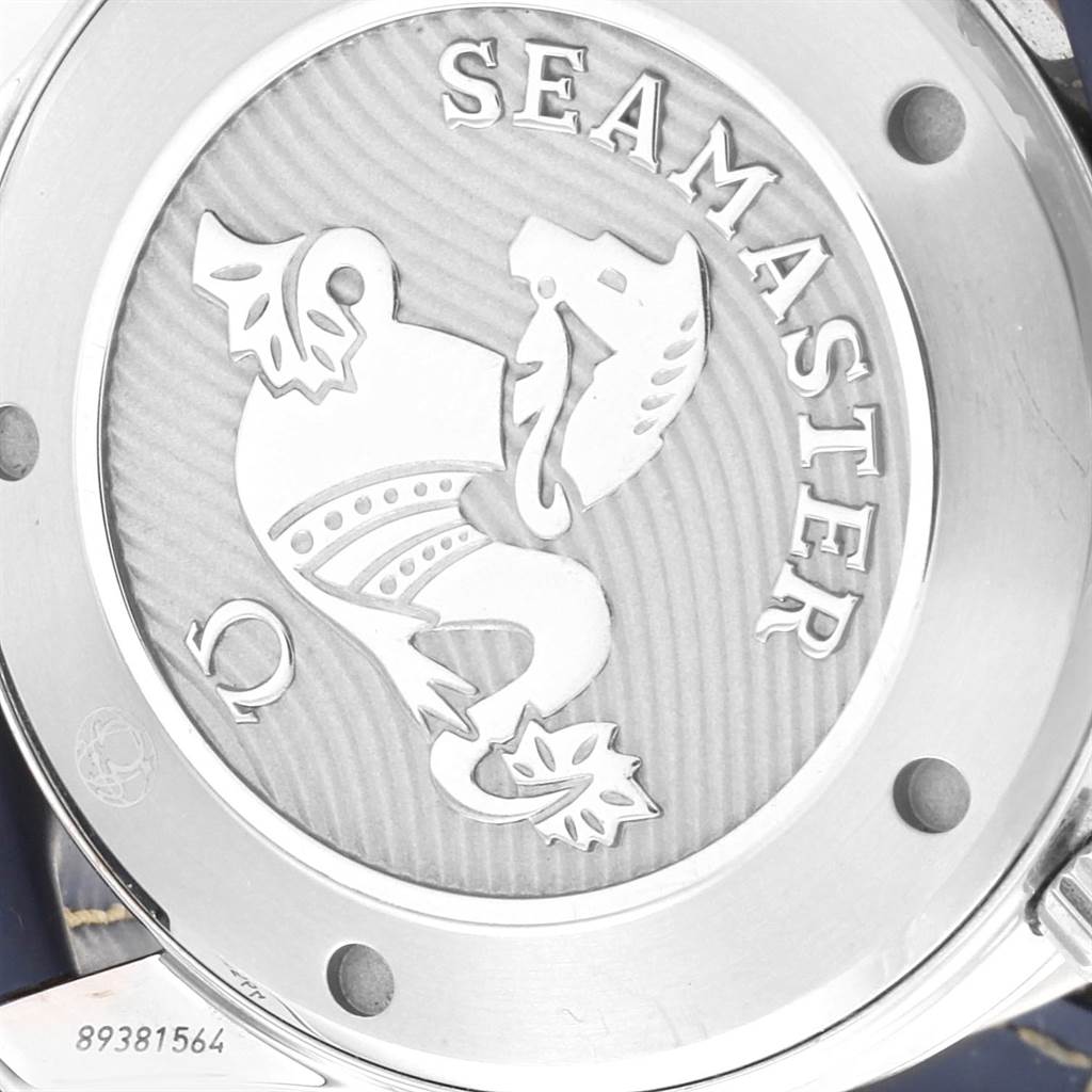 The image shows the case back of an Omega Seamaster 212.30.41.20.03.001 Men
s Stainless Steel Blue Dial 212.30.41.20.03.001 Men
s Stainless Steel Blue Dial watch, highlighting the engraved logo and model name.