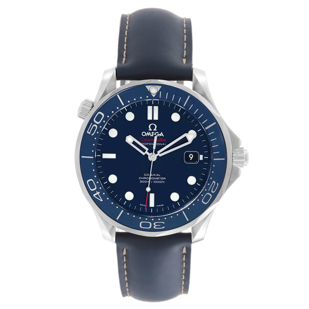 The image shows a front-facing view of the Omega Seamaster 212.30.41.20.03.001 Men
s Stainless Steel Blue Dial 212.30.41.20.03.001 Men
s Stainless Steel Blue Dial watch, displaying the dial, bezel, and leather strap.