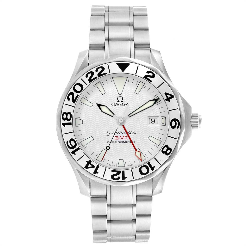 The Omega Seamaster 2538.20.00 Men's Stainless Steel White Dial 2538.20.00 Men's Stainless Steel White Dial GMT is shown from a front angle, displaying its white dial and stainless steel bracelet.