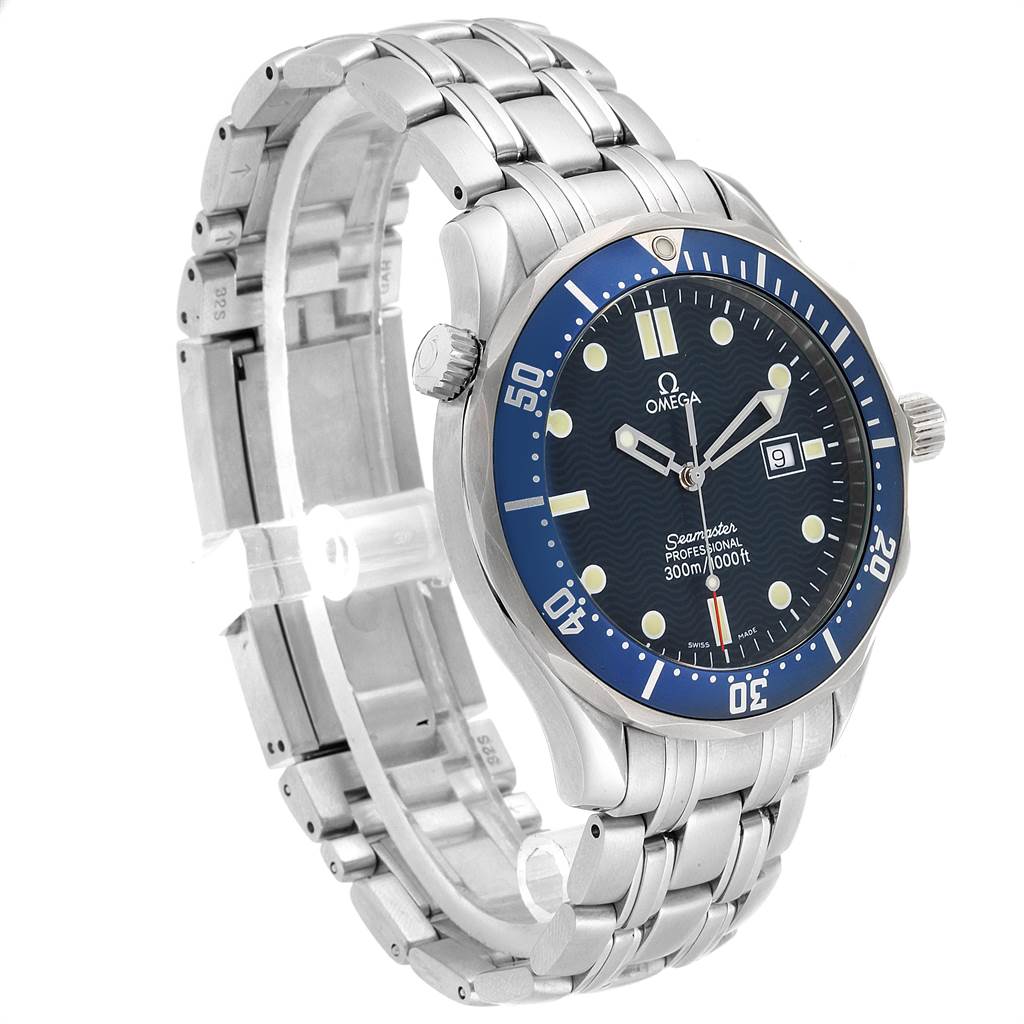 The image shows an Omega Seamaster 2541.80.00 Men
s Stainless Steel Blue Dial 2541.80.00 Men
s Stainless Steel Blue Dial watch at a slight side angle, displaying its face, bezel, crown, and metal bracelet.