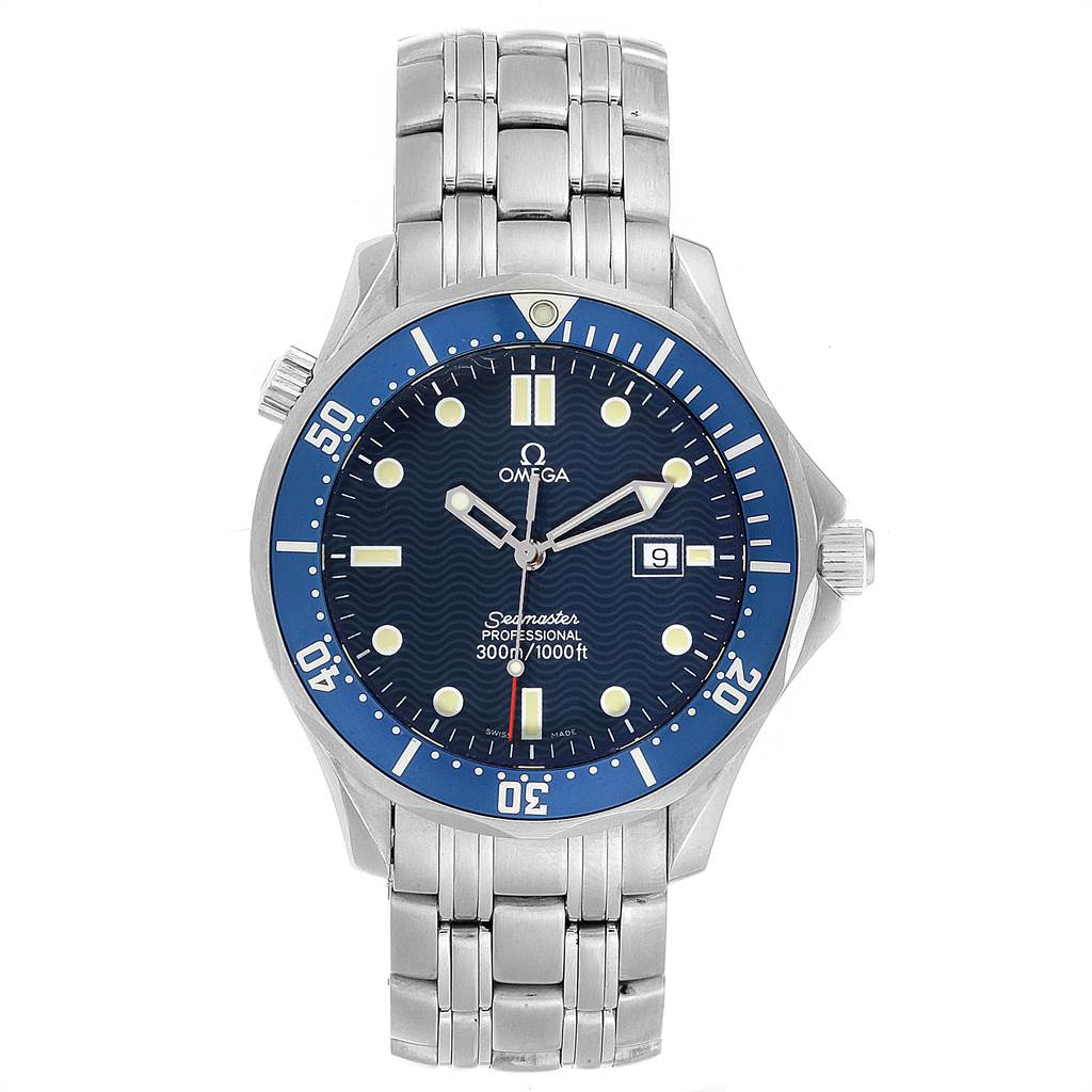 The image shows the front view of an Omega Seamaster 2541.80.00 Men
s Stainless Steel Blue Dial 2541.80.00 Men
s Stainless Steel Blue Dial watch, including the face, bezel, and metal bracelet.
