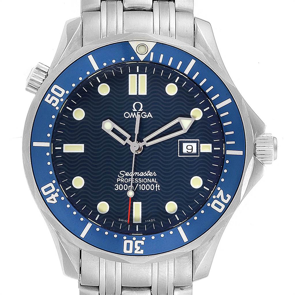 The Omega Seamaster 2541.80.00 Men
s Stainless Steel Blue Dial 2541.80.00 Men
s Stainless Steel Blue Dial watch is shown from a front angle, displaying its dial, bezel, and partial bracelet.