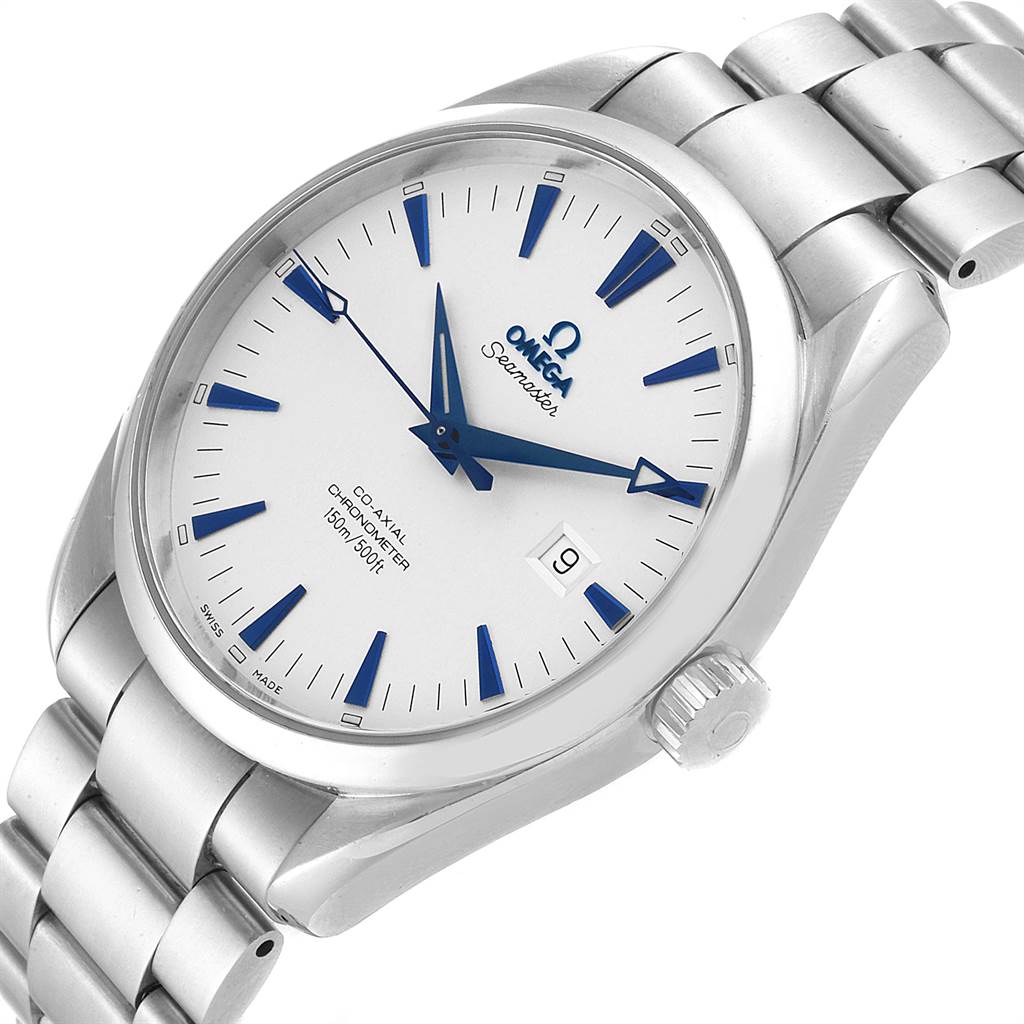This Omega Seamaster 2502.33.00 Men
s Stainless Steel White Dial 2502.33.00 Men
s Stainless Steel White Dial watch is shown from an angled view, highlighting its face, crown, and partial bracelet.