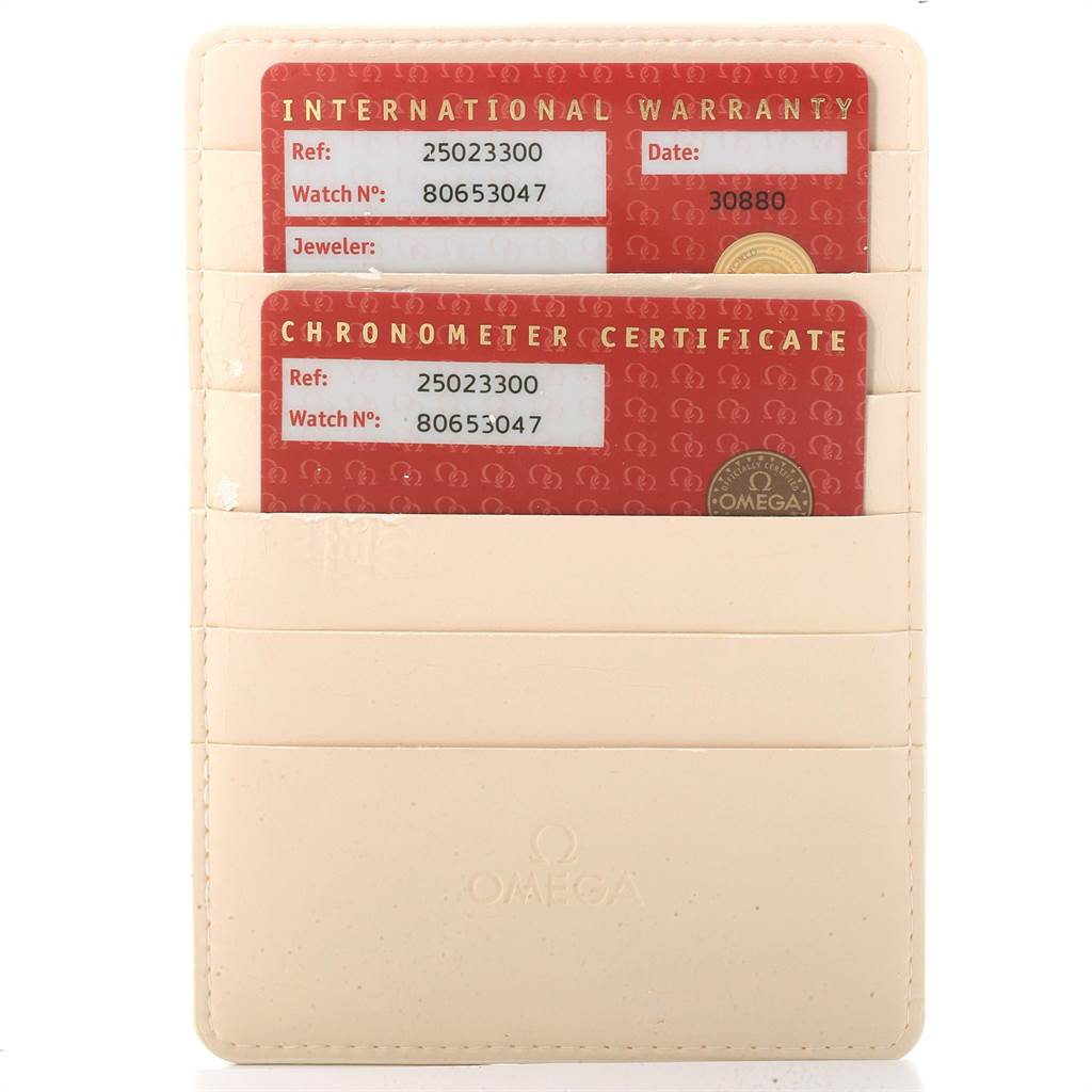 This image shows the international warranty and chronometer certificate cards for an Omega Seamaster 2502.33.00 Men
s Stainless Steel White Dial 2502.33.00 Men
s Stainless Steel White Dial watch.