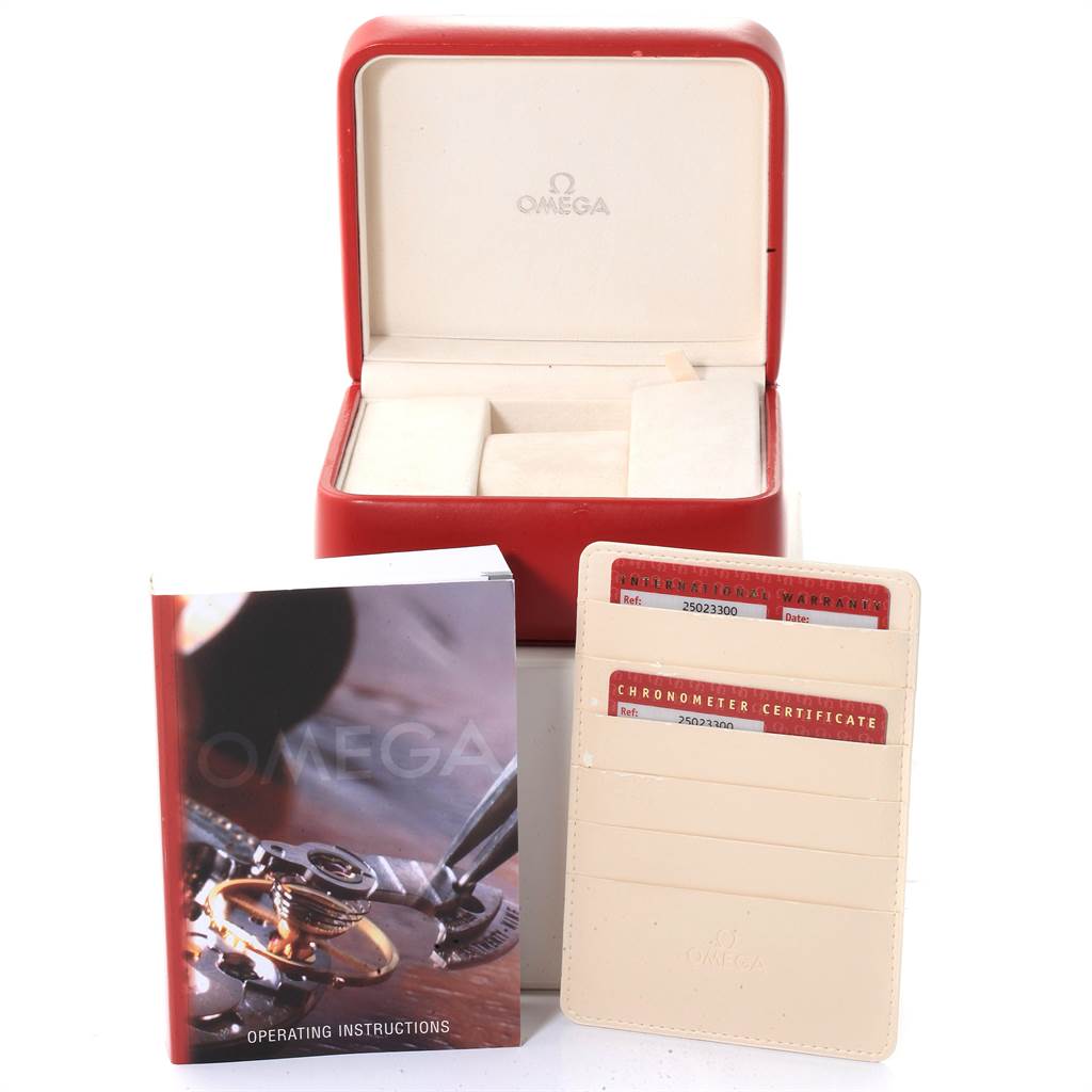 The image shows an Omega Seamaster 2502.33.00 Men
s Stainless Steel White Dial 2502.33.00 Men
s Stainless Steel White Dial watch box, operating instructions booklet, and a cardholder with certificates.