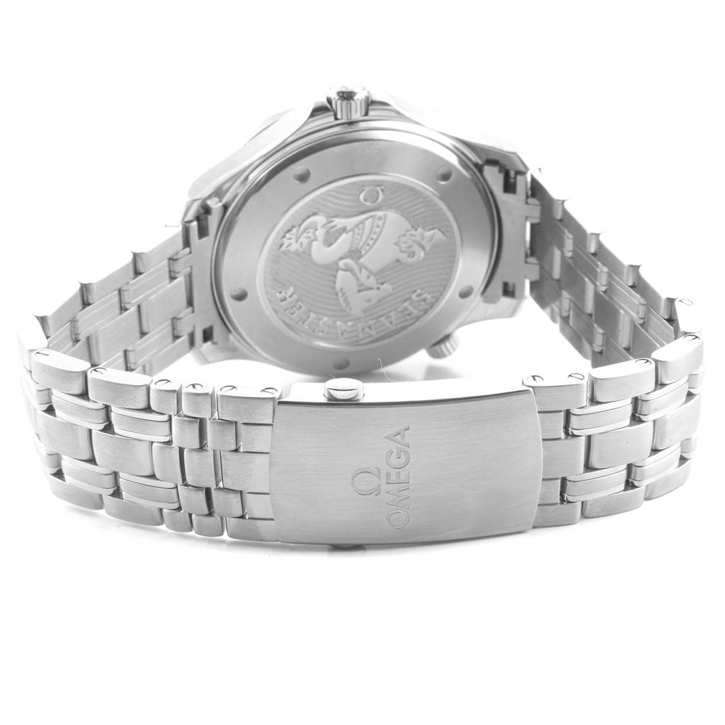 The image shows the back and clasp of an Omega Seamaster 212.30.41.20.01.003 Men's Stainless Steel Black Dial 212.30.41.20.01.003 Men's Stainless Steel Black Dial watch, highlighting the case back details and metal bracelet with the Omega logo.