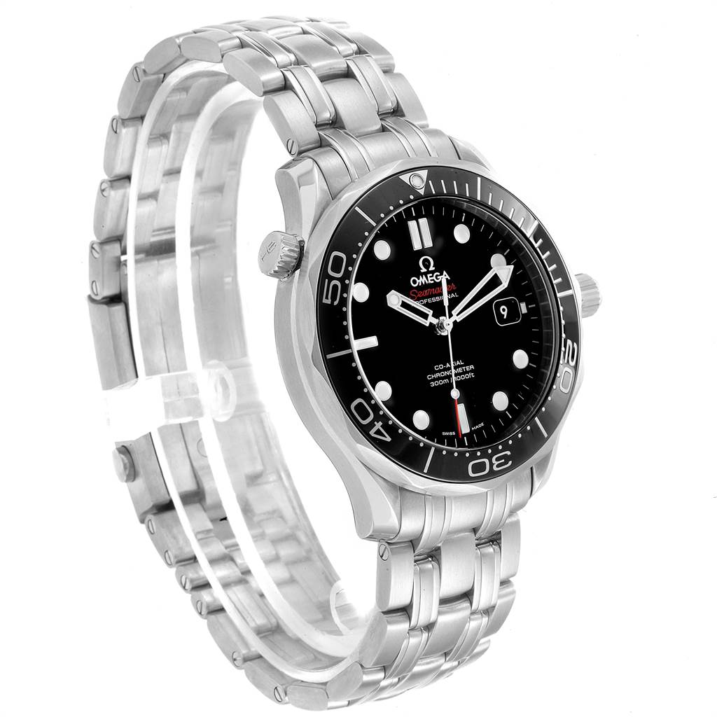 The Omega Seamaster 212.30.41.20.01.003 Men's Stainless Steel Black Dial 212.30.41.20.01.003 Men's Stainless Steel Black Dial watch is shown from a front-right angle, displaying its black dial, stainless steel case, and bracelet.