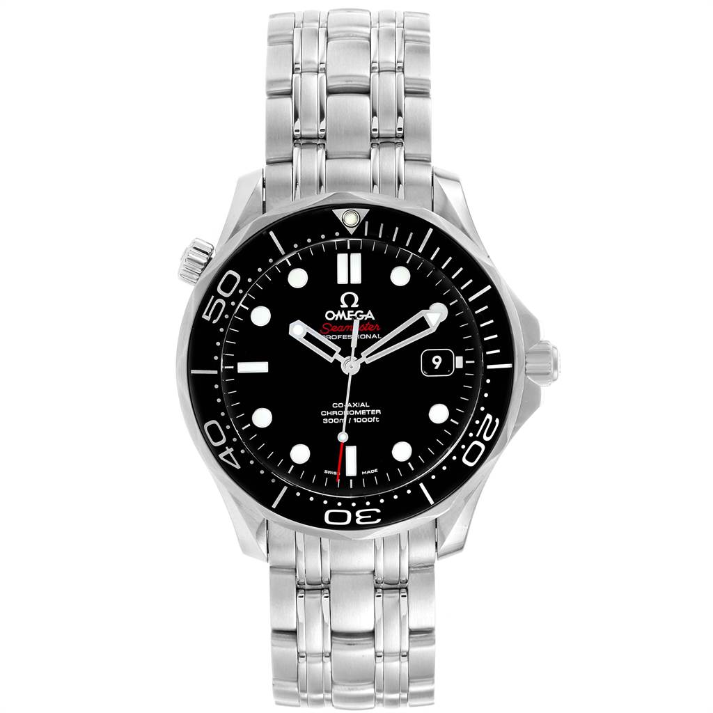 The image shows a front view of an Omega Seamaster 212.30.41.20.01.003 Men's Stainless Steel Black Dial 212.30.41.20.01.003 Men's Stainless Steel Black Dial watch with a stainless steel bracelet and black dial.