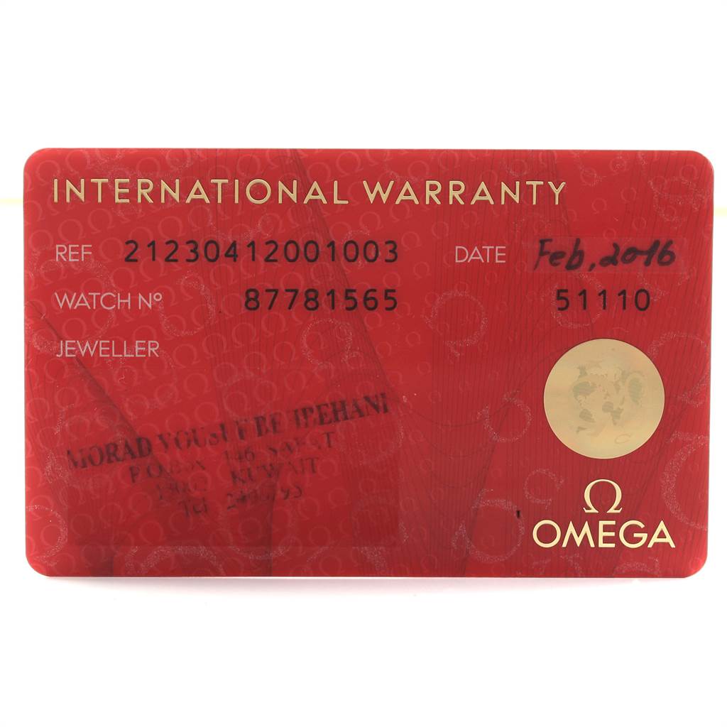 The image shows the front of an Omega Seamaster 212.30.41.20.01.003 Men's Stainless Steel Black Dial 212.30.41.20.01.003 Men's Stainless Steel Black Dial International Warranty card, detailing the watch's information and warranty.