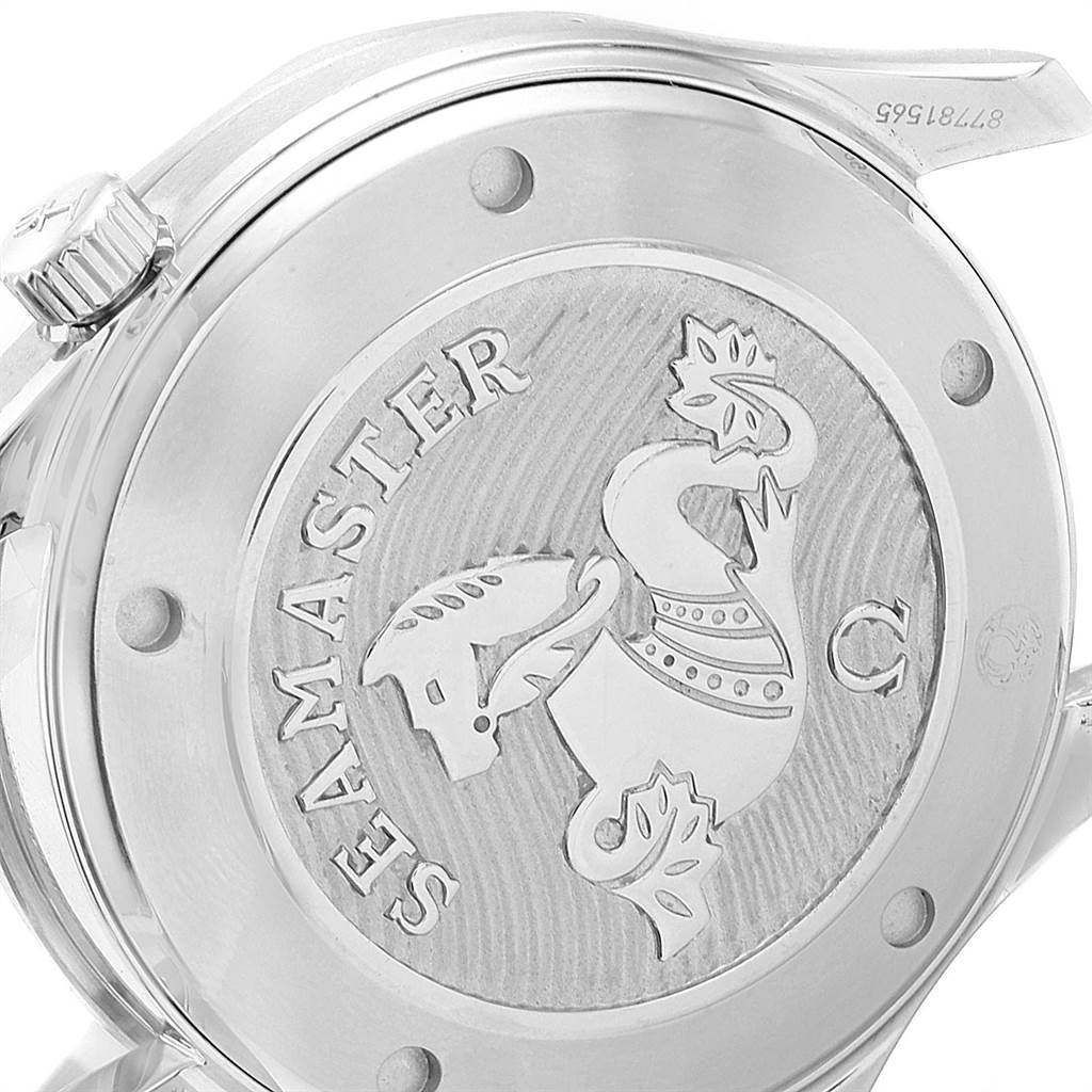 The image shows the back case of an Omega Seamaster 212.30.41.20.01.003 Men's Stainless Steel Black Dial 212.30.41.20.01.003 Men's Stainless Steel Black Dial watch, highlighting the engraved logo and branding.