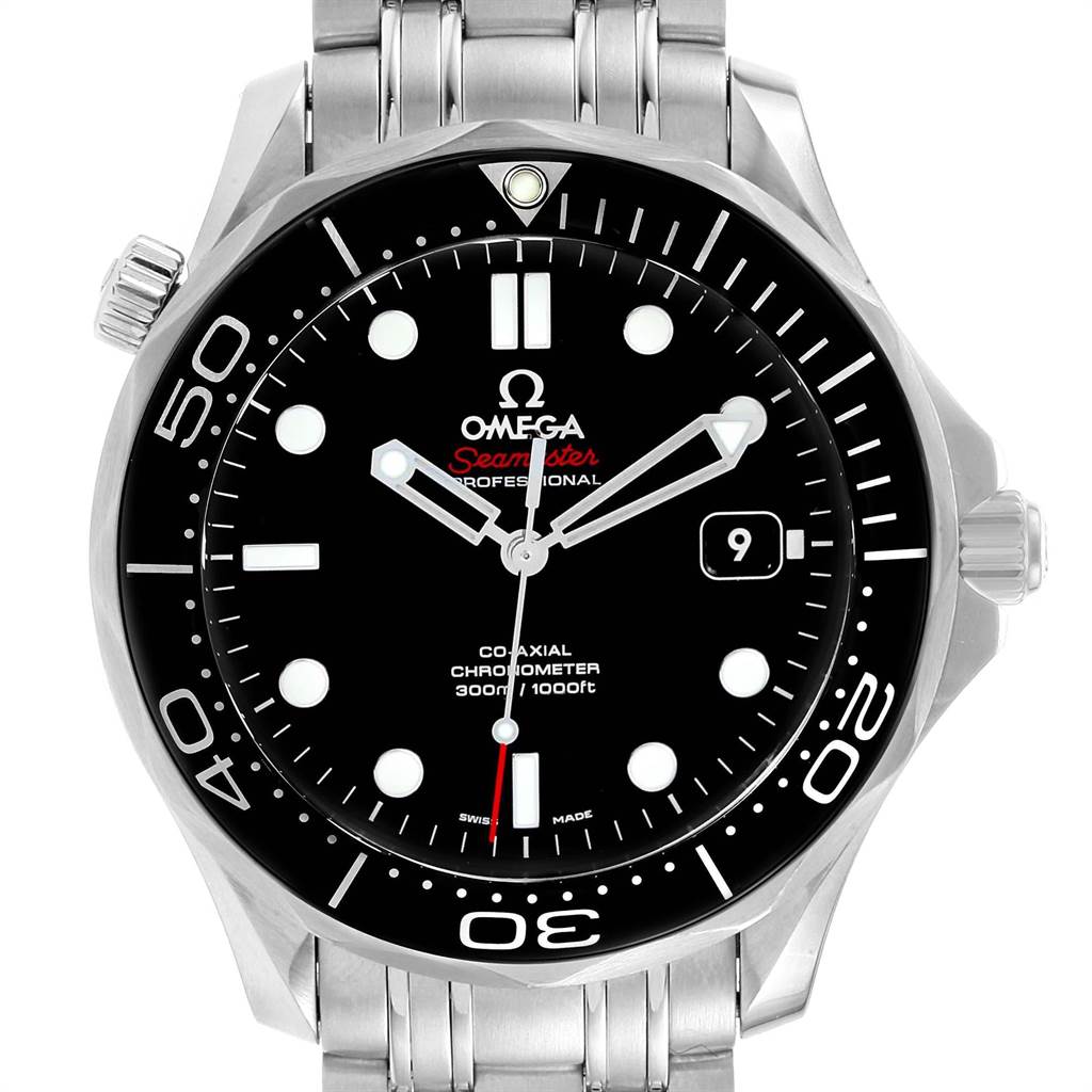 The image shows an Omega Seamaster 212.30.41.20.01.003 Men's Stainless Steel Black Dial 212.30.41.20.01.003 Men's Stainless Steel Black Dial watch from the front, highlighting the dial, bezel, and stainless steel bracelet.
