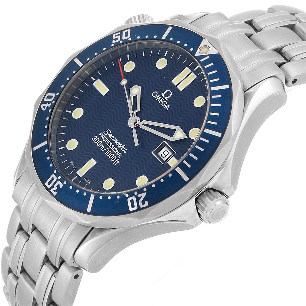 The Omega Seamaster 2541.80.00 Men
s Stainless Steel Blue Dial 2541.80.00 Men
s Stainless Steel Blue Dial watch is shown in a close-up angle highlighting the face, bezel, and part of the metal bracelet.